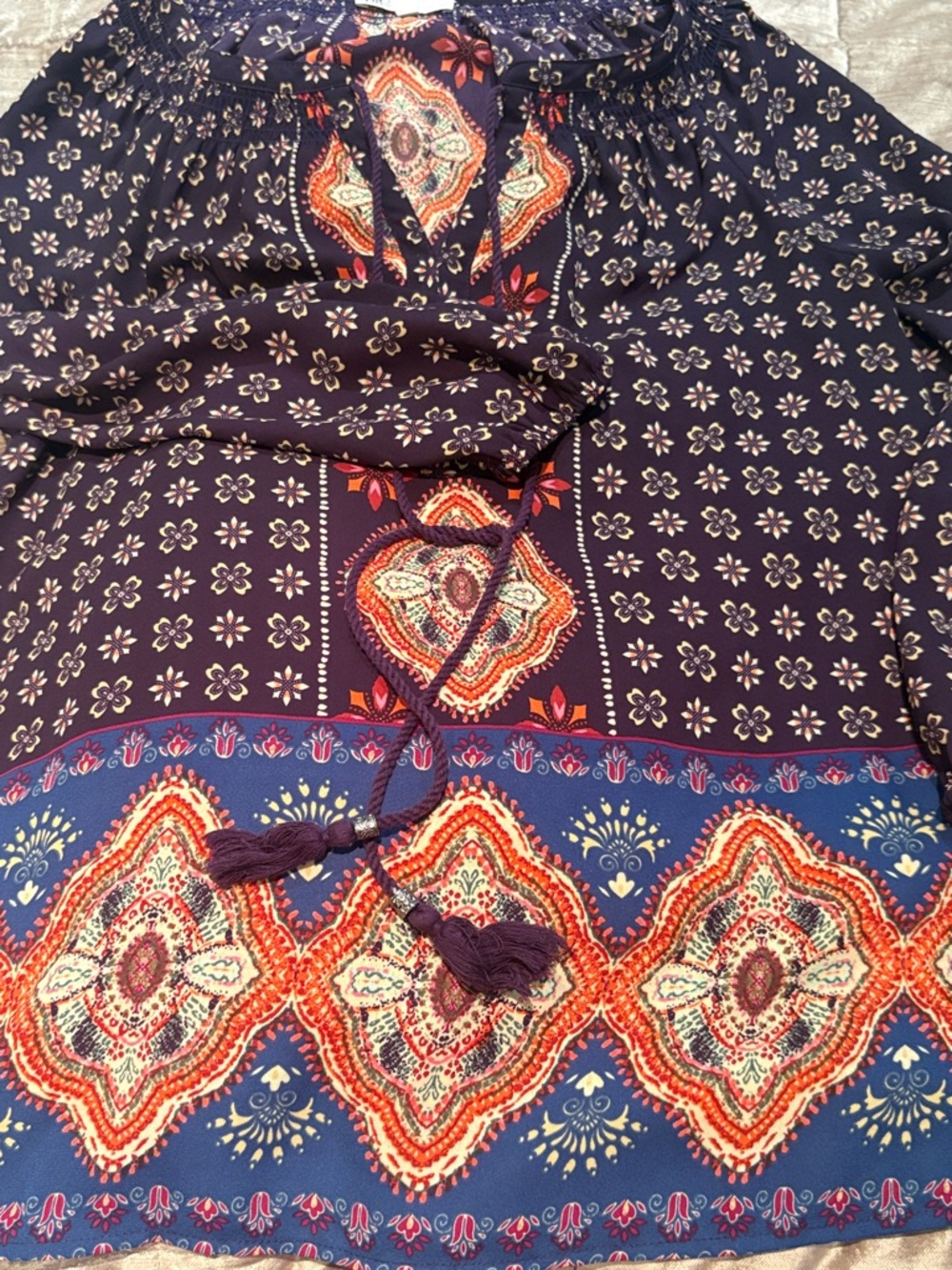 DR2 Navy Boho Top with Purple Tassel & Orange Medallion Print XS - Picture 5 of 11
